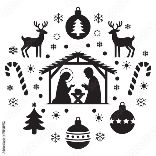 Nativity scene with Christmas ornaments, reindeer, and snowflakes