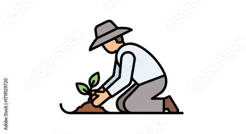 A person planting a small sapling in the ground, wearing a hat and light-colored clothing.