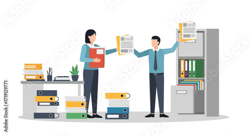 Two office workers organizing and filing documents in a professional office environment, demonstrating administrative tasks and data management.