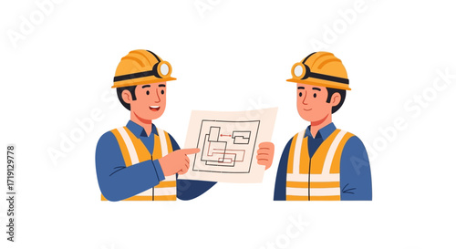 Two construction workers in safety vests and helmets reviewing a blueprint together.