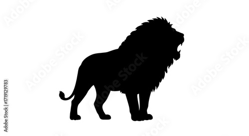 Black lion silhouette standing with its mouth open mane prominent on a white background