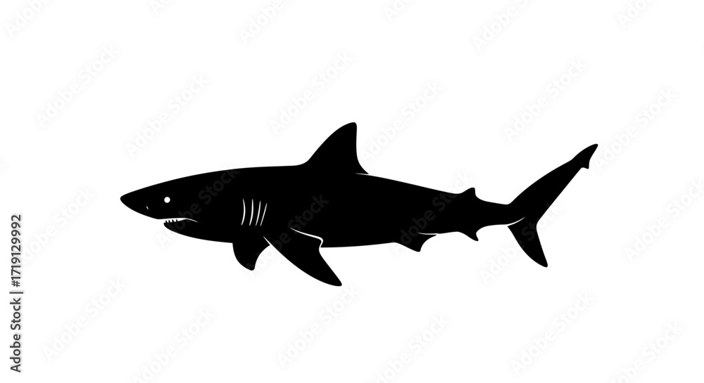 Fototapeta premium Black silhouette of a shark featuring visible teeth and dorsal fin set against a white background