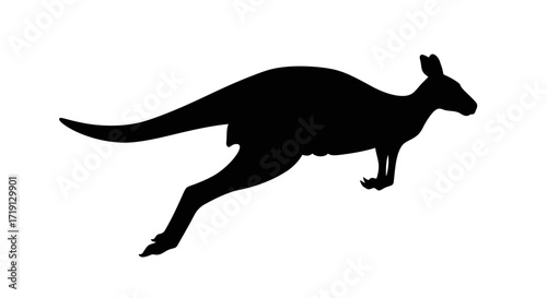 Black silhouette of a kangaroo leaping forward with its tail extended