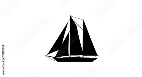 Black silhouette of a sailboat on a white background with multiple sails and masts visible