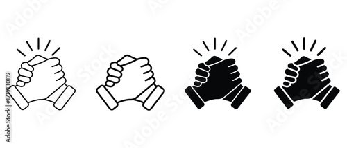 Thumb clasp handshake or homie handshake icon set. Arm wrestling icon black and line art isolate on white background. Soul brother handshake. Vector illustration. 