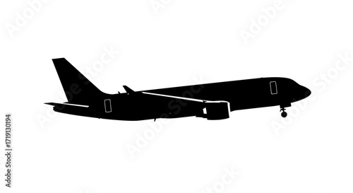Black silhouette of an airplane with visible landing gear and wingmounted engines on a white background