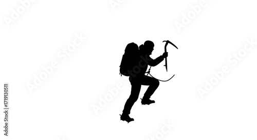 Silhouette of a climber with a backpack and ice axe ascending on a white background