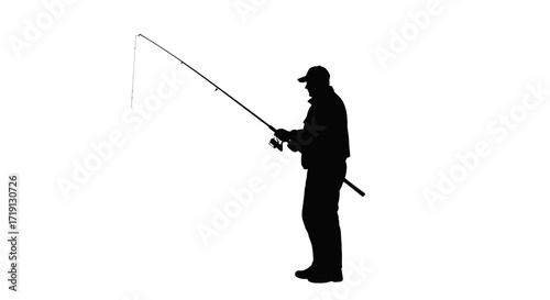 Silhouette of a person in a cap holding a fishing rod angled upwards with a fishing line hanging down