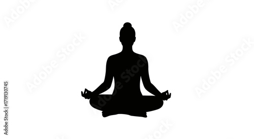 Silhouette of a person in a lotus position meditating with hands in the Gyan mudra against a plain white background