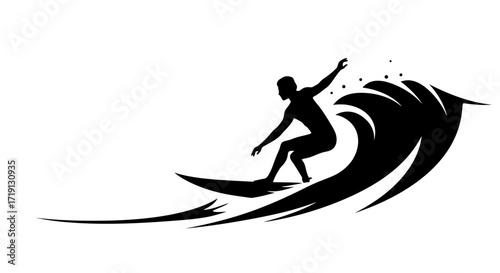 Silhouette of a surfer riding a wave against a white backdrop
