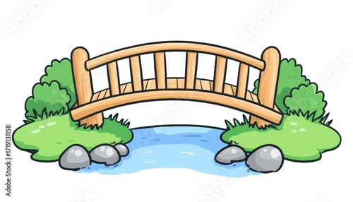 Cartoon wooden arched bridge over a stream. Lush green banks frame the water