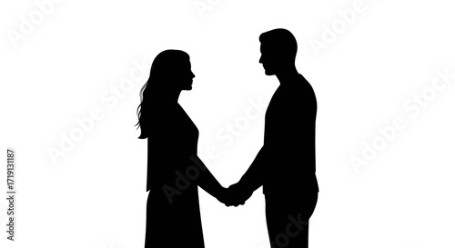 Silhouetted couple holding hands facing each other against a white background