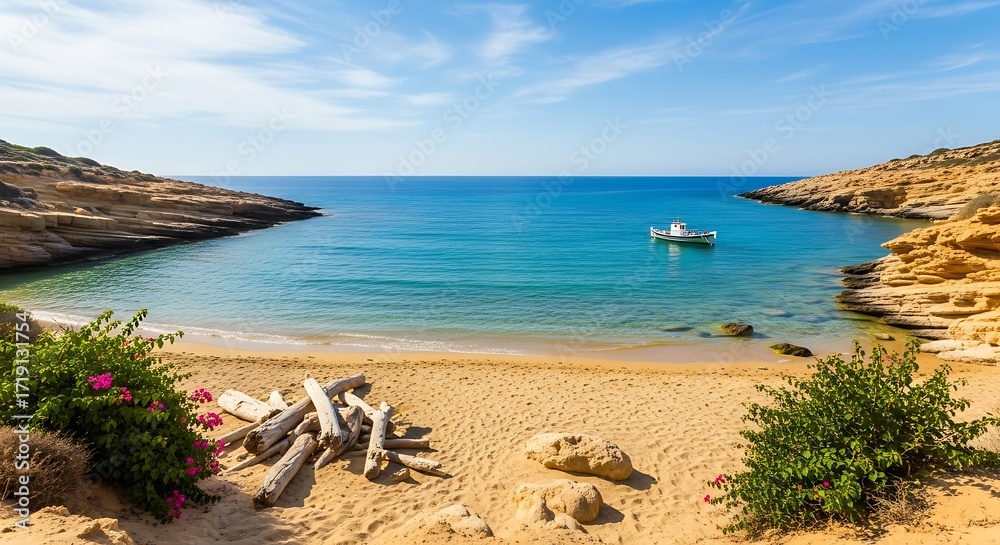 Obraz premium Secluded beach cove with pristine turquoise water and a distant fishing boat creates a serene island getaway scene