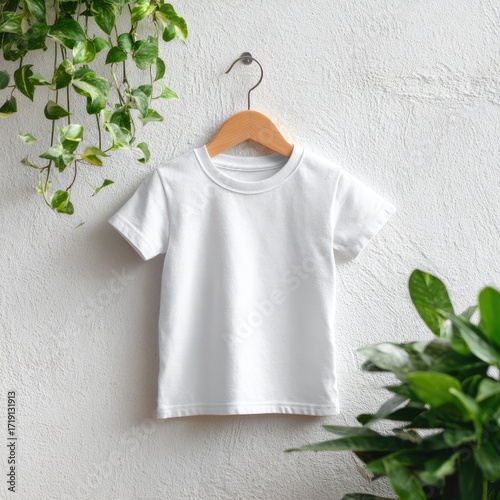 Blank white toddler t-shirt on a wooden hanger, surrounded by greenery against a white wall