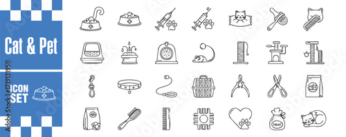 A set of linear icons depicting various cat and pet related objects, including food bowls, toys, carriers, and grooming tools, perfect for petthemed designs