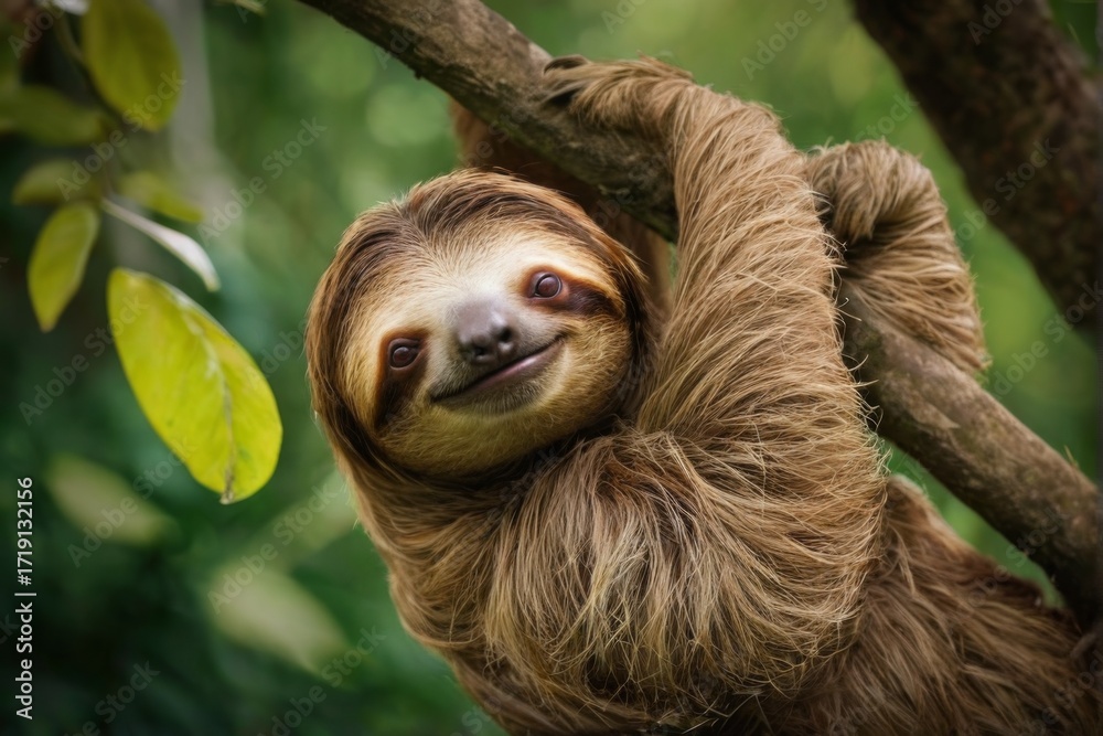 Fototapeta premium Sloth hanging upside down on tree branch, eyes closed in peaceful forest setting.