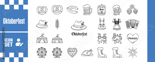 Oktoberfest icon set featuring traditional symbols of the beer festival, including pretzel, sausage, beer, hat, lederhosen, tent, and more in vector format