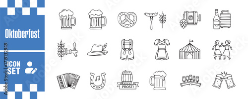 Oktoberfest icon set featuring traditional symbols of the beer festival, including beer mug, pretzel, sausage, hat, tent, and more in vector format