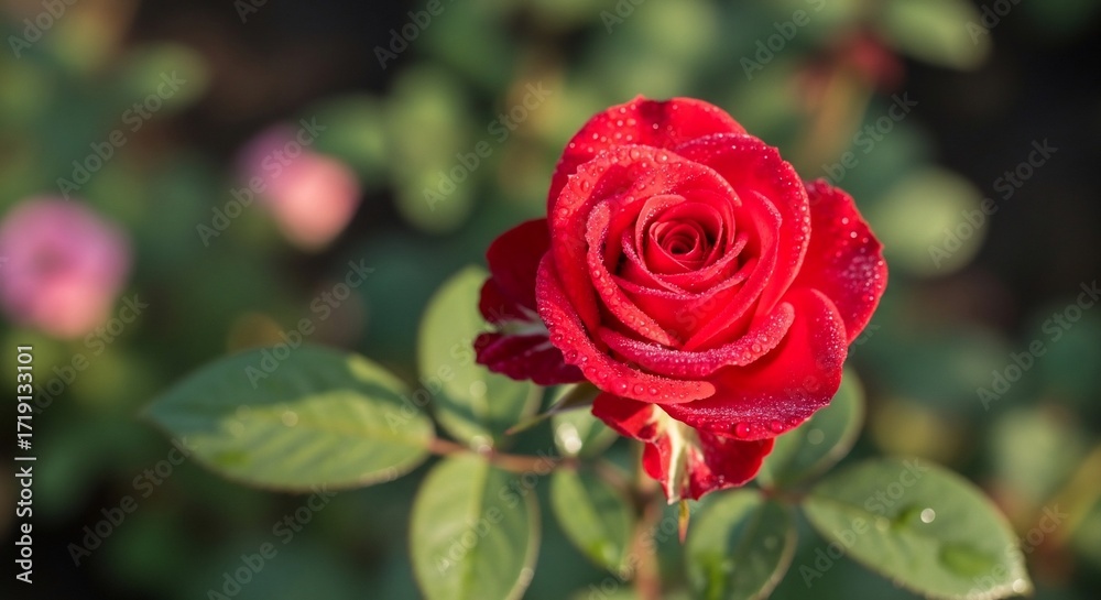 Naklejka premium Dew-Kissed Red Rose Close Up with Soft Bokeh Background