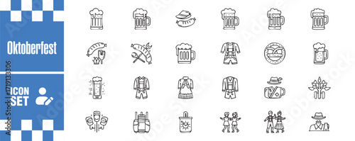 Oktoberfest icon set collection of linear vector icons related to the traditional german beer festival beer, sausage, dirndl, hat, accordion, man, woman