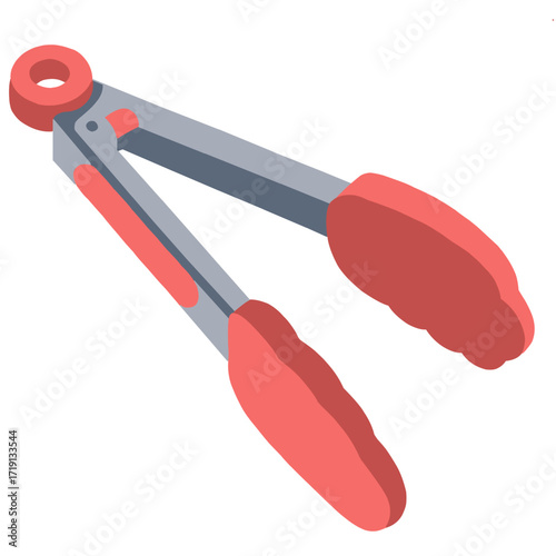 An isometric vector illustration of kitchen tongs with red silicone handles and metal arms, isolated on a white background