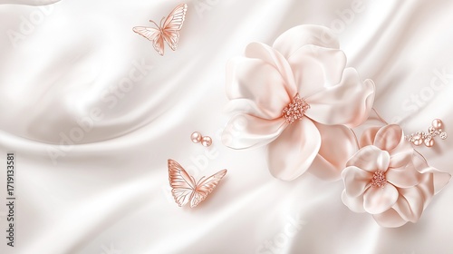 3D wallpaper with white silk background featuring pink and rose gold flowers butterfly decorations and pearl beads elegant floral design concept