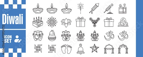 Diwali icon set collection of linear vector icons related to the indian festival of lights contains traditional symbols and elements of the holiday