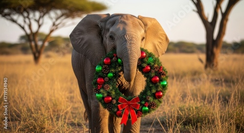 Majestic Elephant Holding a Christmas Wreath in the African Savannah