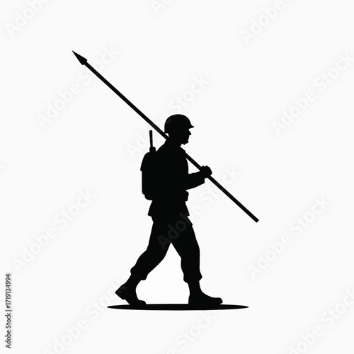Silhouette of a Soldier Walking with a Spear and Backpack