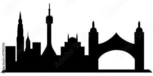 Vector cityscape silhouette with black skyscraper and tower buildings against the urban sky