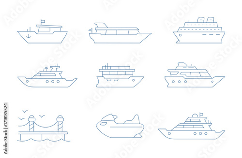 Various types of boats and ships illustrated in a simple line icon style suitable for graphic design projects