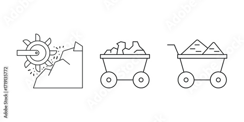 Mining wheel, mountain cart ore sand transportation geology industry icon vector illustration set.