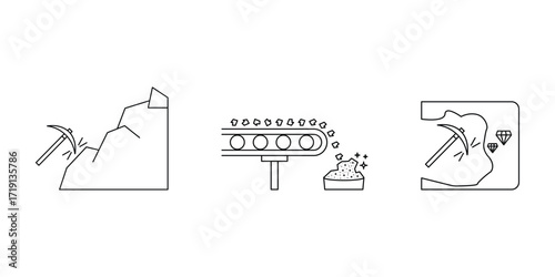 Gold mining, process extraction geology industry conveyor gems icon vector illustration set.