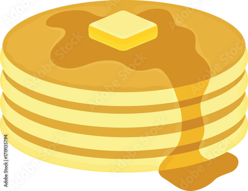 Golden stacked pancakes with melting butter and drizzling syrup vector