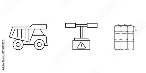 Mining dump truck, safety warning dynamite blast icon vector illustration for geology industry set.