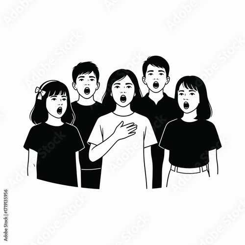 Group of young people singing together with open mouths and one hand on chest