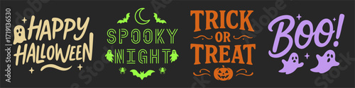 Happy Halloween greeting cards. Set of colorful Halloween typography designs  Decorative text includes phrases: Happy Halloween - Spooky Night - Trick or Treat - Boo! - in playful styles. 