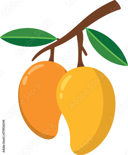 Two ripe mangoes hanging on branch fresh tropical fruit illustration vector