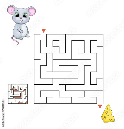 Cute cartoon maze game for kids with mouse and cheese. Little rat is looking for a way to the cheese. Vector illustration on a white background.