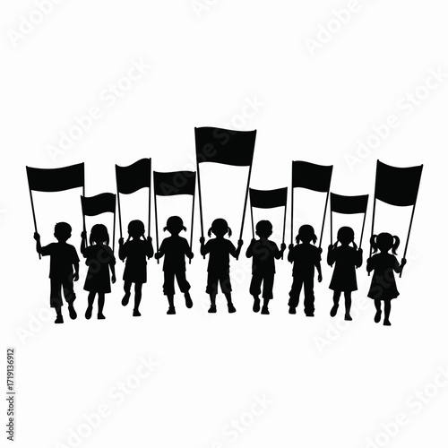Children Holding Flags Silhouettes Marching Together In Unity For A Cause