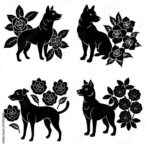Four black silhouette dogs with roses in various poses and breeds showing floral canine art design