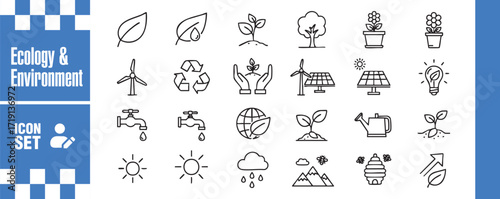 Ecology and environment icon set collection of linear vector illustrations representing sustainable lifestyle, renewable resources, and environmental protection
