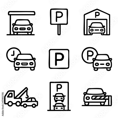 A set of doodle line icons showing car parking concepts like garages, signs, time limits, towing, and barriers
