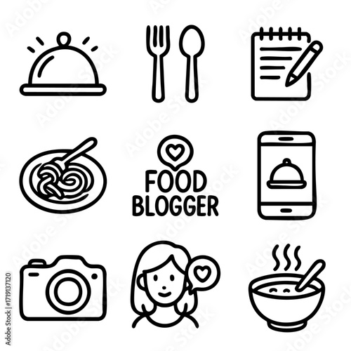 A set of doodle line icons related to food blogging, restaurant reviews, social sharing, photography, and meal presentation