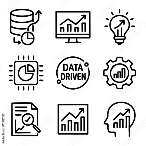A set of doodle line icons featuring data analysis, growth charts, innovation, reports, AI, and data-driven decision making