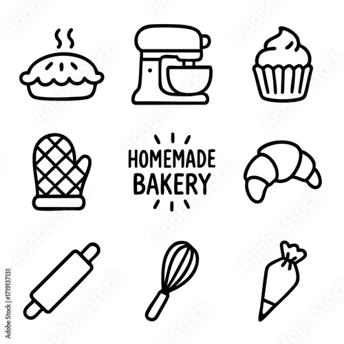 A set of doodle line icons showing homemade bakery elements like pies, cupcakes, baking tools, ingredients, and cooking utensils