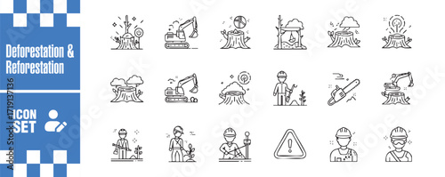 Deforestation and reforestation icon set contains such icons as tree, forest, nature, environment, wood, lumberjack, worker, industry, warning, danger, etc