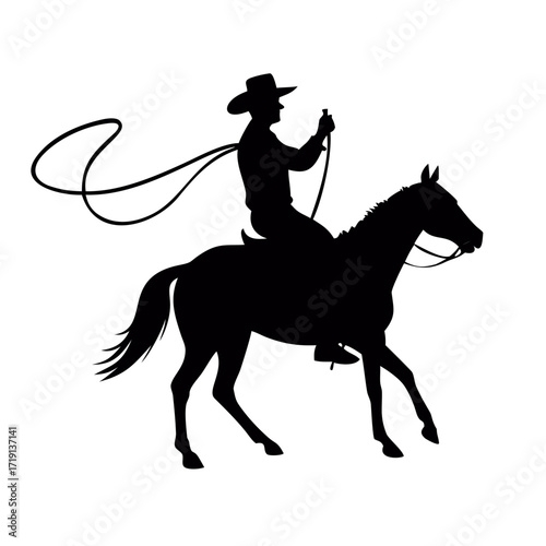 Cowboy silhouette with rope lasso on horse vector illustration isolated on white background for rodeo western design
