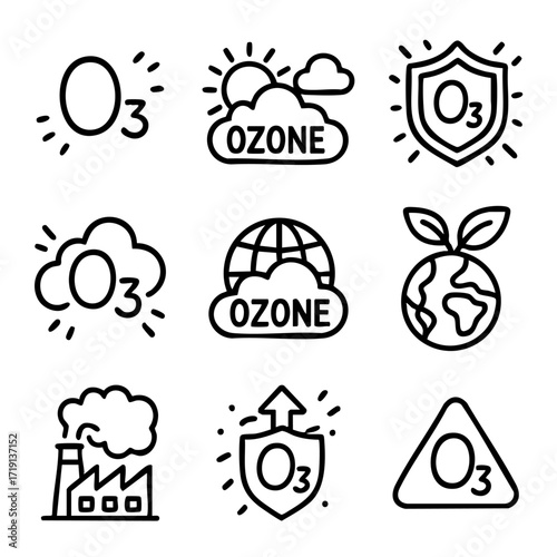 A set of doodle line icons illustrating ozone symbols, pollution, global protection, sunlight, clouds, and environmental impact