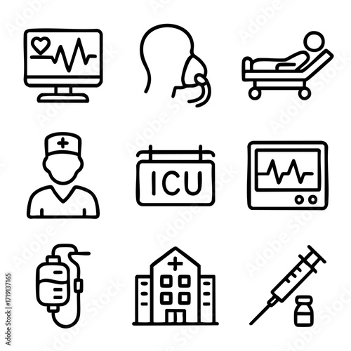A set of doodle line icons showing intensive care elements ICU, monitors, hospital, nurse, IV drip, oxygen, and syringe